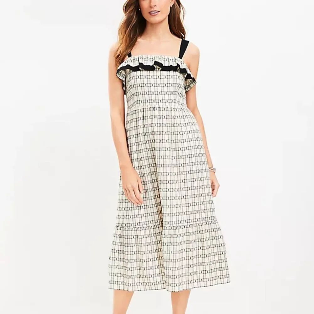 Loft NWOT Plaid Ruffle Square Neck Midi Dress size 10